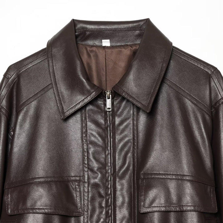 Women's Cropped Bomber Jacket made of Faux Leather with Shirt Collar and Gathered Hem