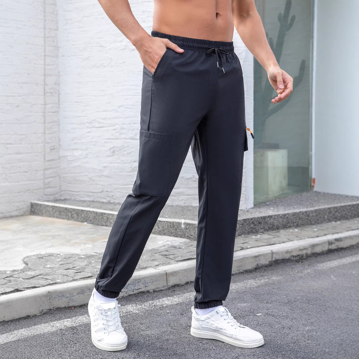 Men's Tech Cargo Jogging Pants with Elastic Drawstring, Zipper Leg Pocket & Fitted Ankle Cuff Mune Fashion