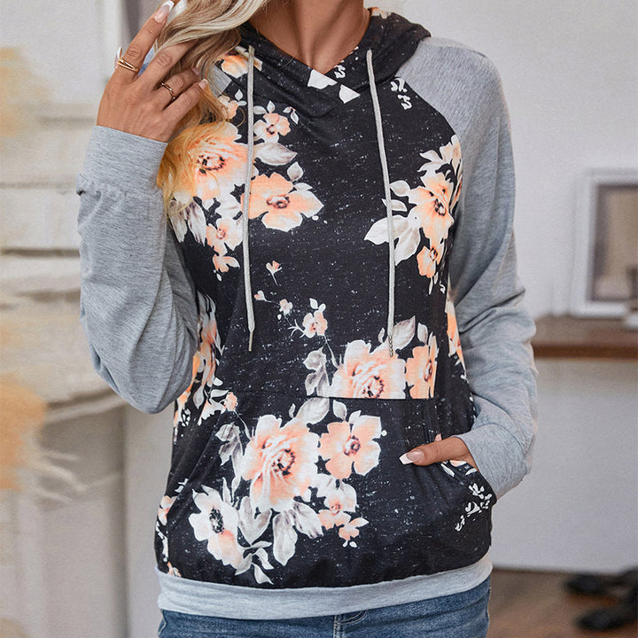 Women's Casual Hoodie with Floral Vintage Print, Raglan Sleeves and Kangaroo Pocket Mune Fashion