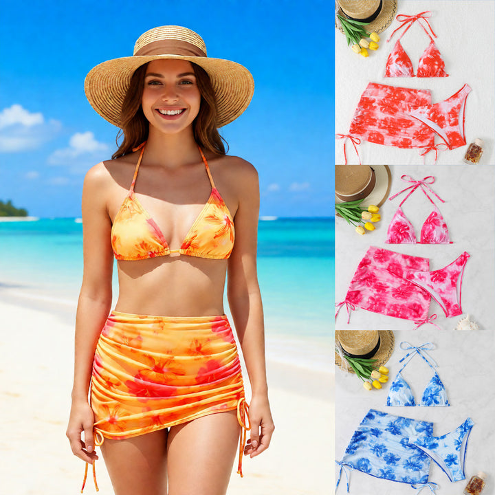 Women's Triangle Bikini Set with Adjustable Straps and Floral Wrap Skirt Mune Fashion