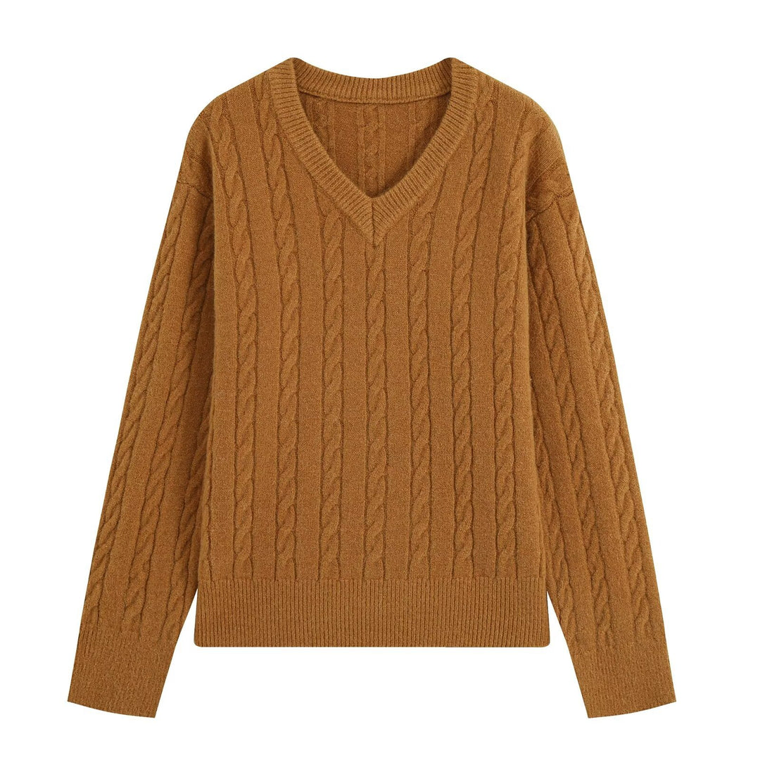 Women's Oversize Cable Knit Sweater with V-Neck and Wide Ribbed Cuff Mune Fashion