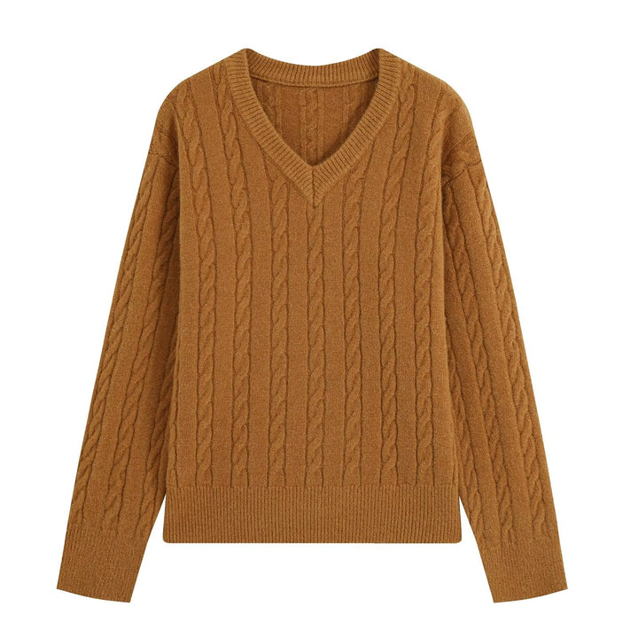 Women's Oversize Cable Knit Sweater with V-Neck and Wide Ribbed Cuff Mune Fashion