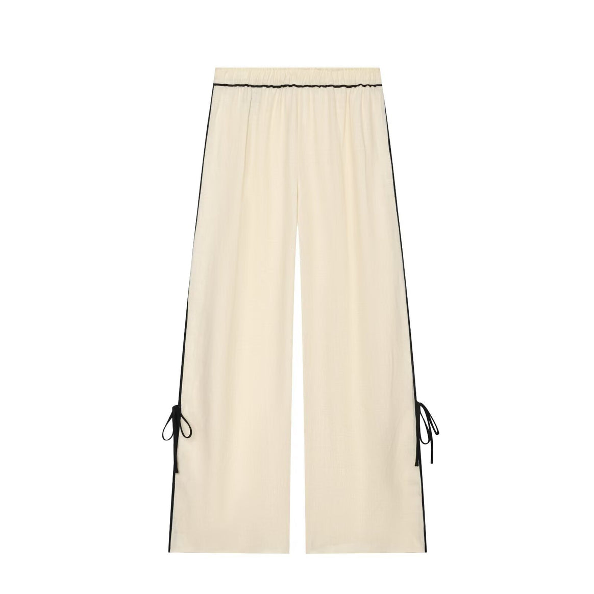 Ladies Wide Linen Look Pants with High Elastic Waistband, Contrast Piping and Leg Lacing Detail Mune Fashion