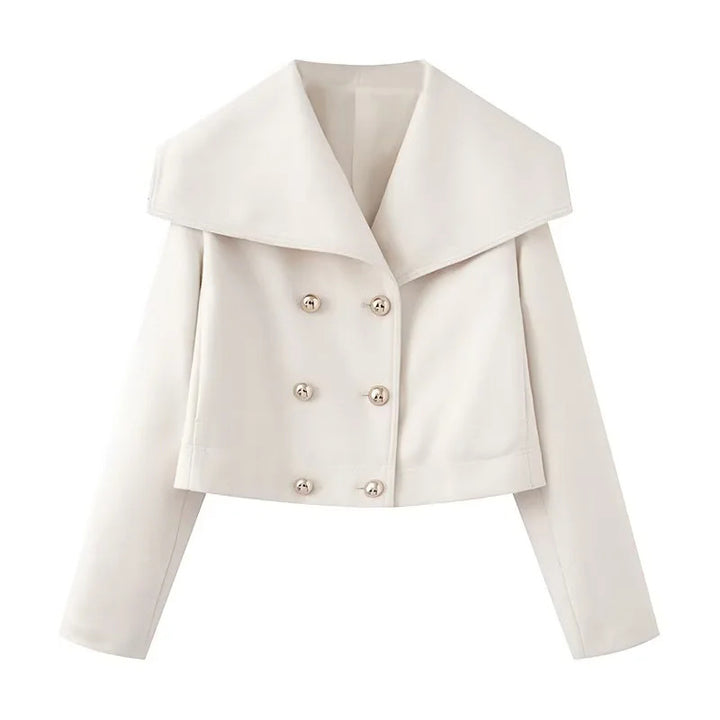 Women nan cropped navy-inspired short coat bomber jacket with oversized shawl collar and decorative double button placket Mune Fashion