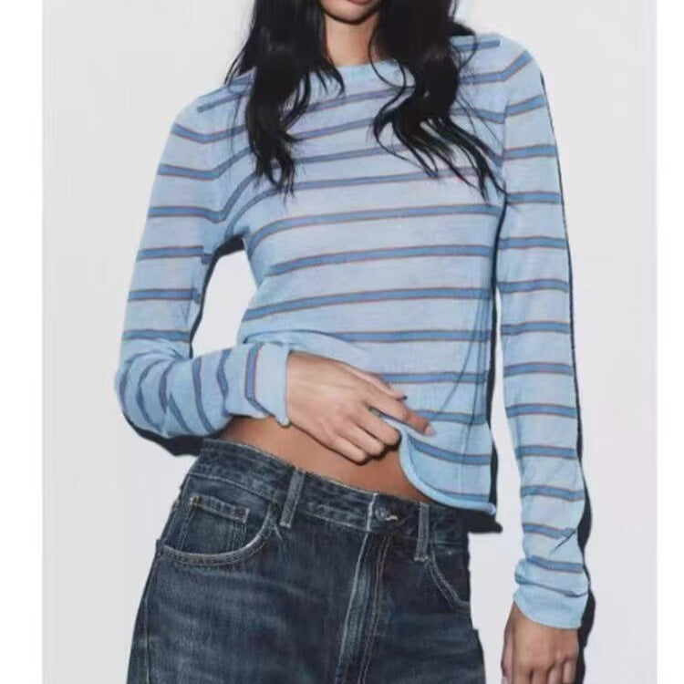 Women's fine knit pullover in slim fit with round neck and horizontal contrast stripes Mune Fashion