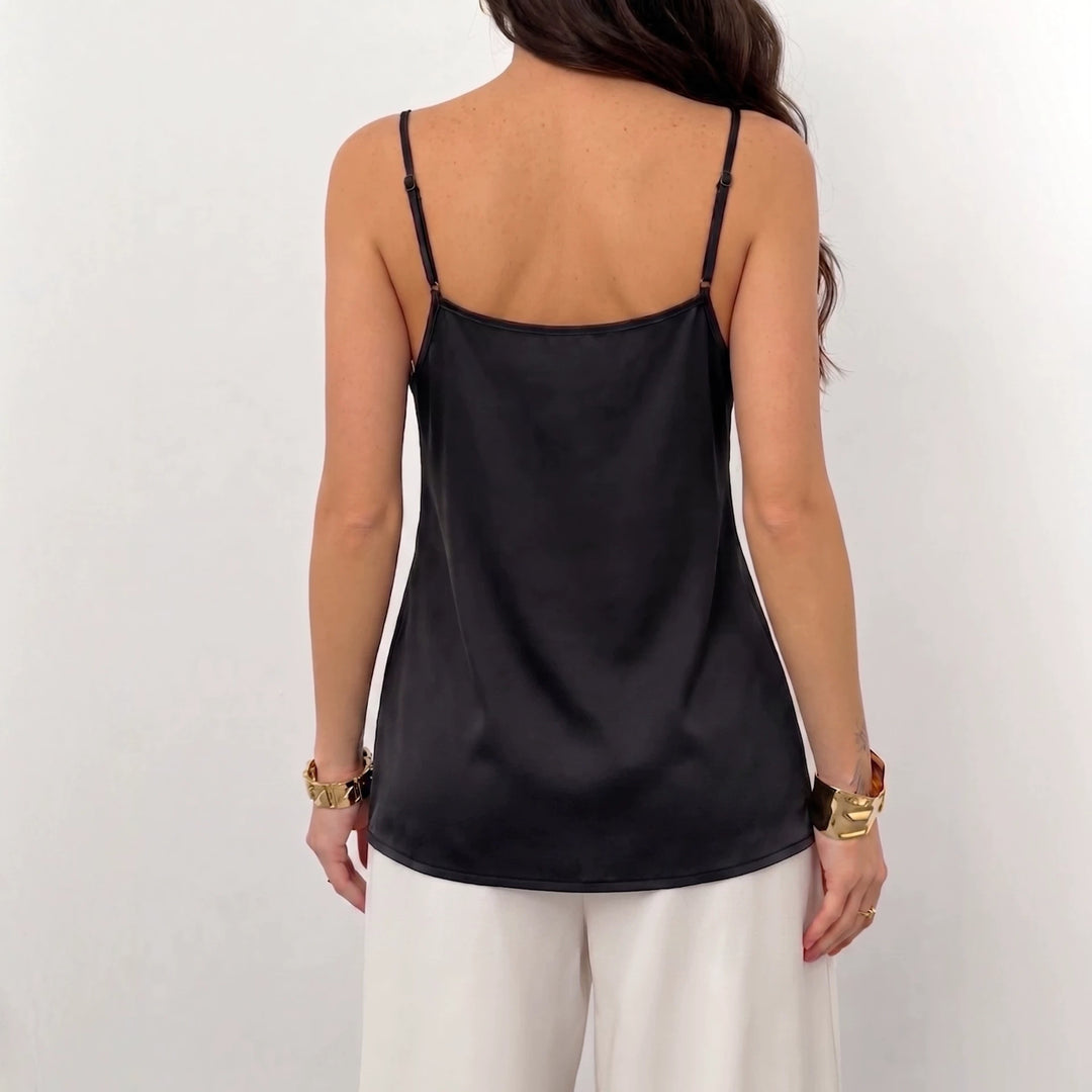 Women's lightly flowing satin spaghetti strap top with lace edge and waterfall neckline Mune Fashion