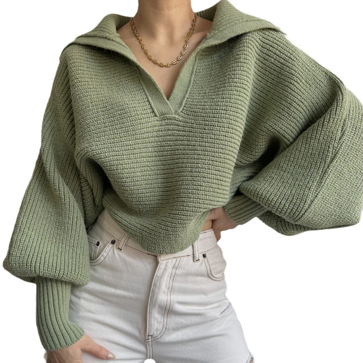 Women's chunky knit pullover with wide collar and V-neck Mune Fashion