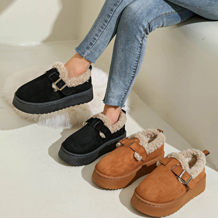 Women's Cozy Platform Slippers in Moccasin Style with Teddy Lining and Decorative Strap Mune Fashion