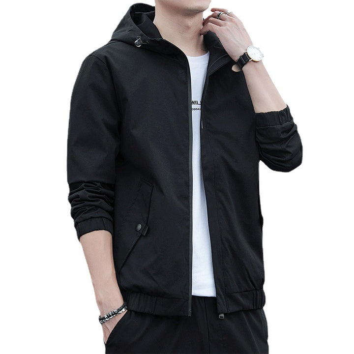 Men's Lightweight Hooded Windbreaker in Urban Minimal Style with Concealed Zipper and Elastic Cuffs.