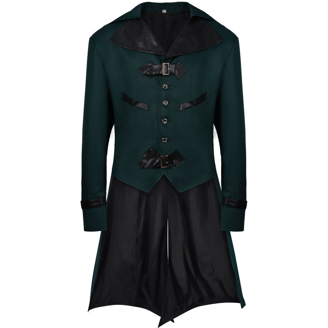 Men's long coat with double-layer shoulder cape, concealed zipper inner lining, and adjustable cuffs