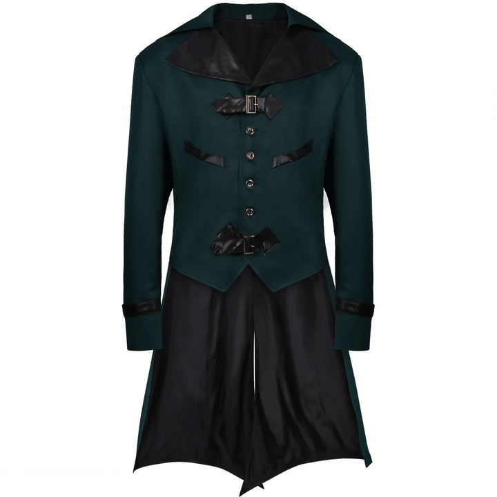 Men's long coat with double-layer shoulder cape, concealed zipper inner lining, and adjustable cuffs