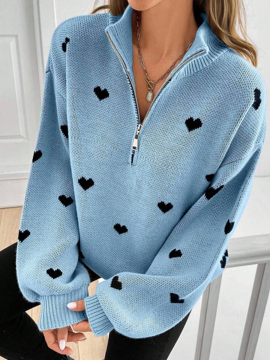 Women's Oversized Knit Sweater with Half-Zip and Heart Design Mune Fashion