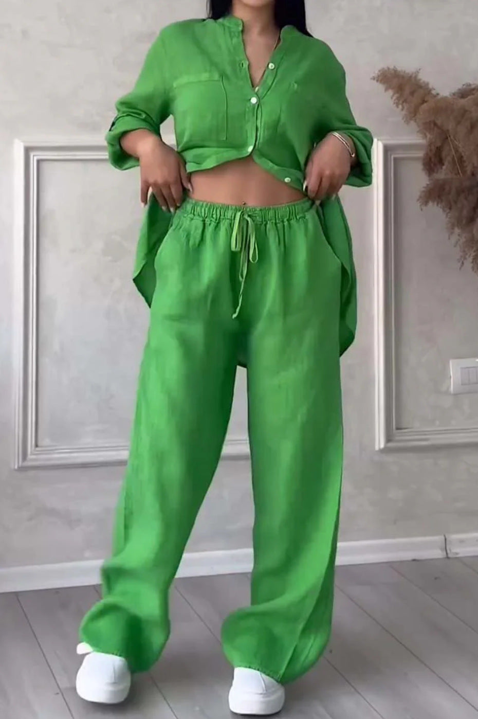 Women's casual linen two-piece set with loose shirt blouse, patch breast pockets, and elastic drawstring waistband Mune Fashion