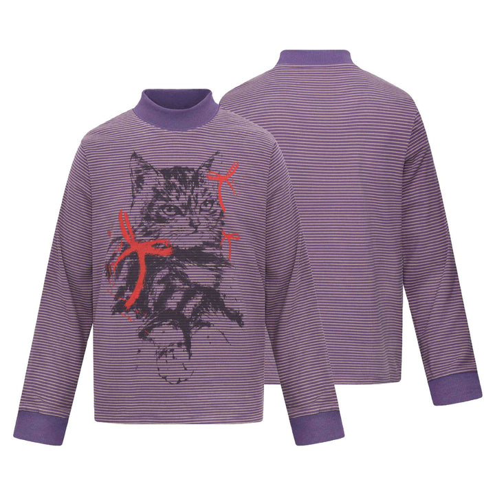 Unisex Striped Long Sleeve with Stand Collar, Oversize Cut and Cat Print Mune Fashion