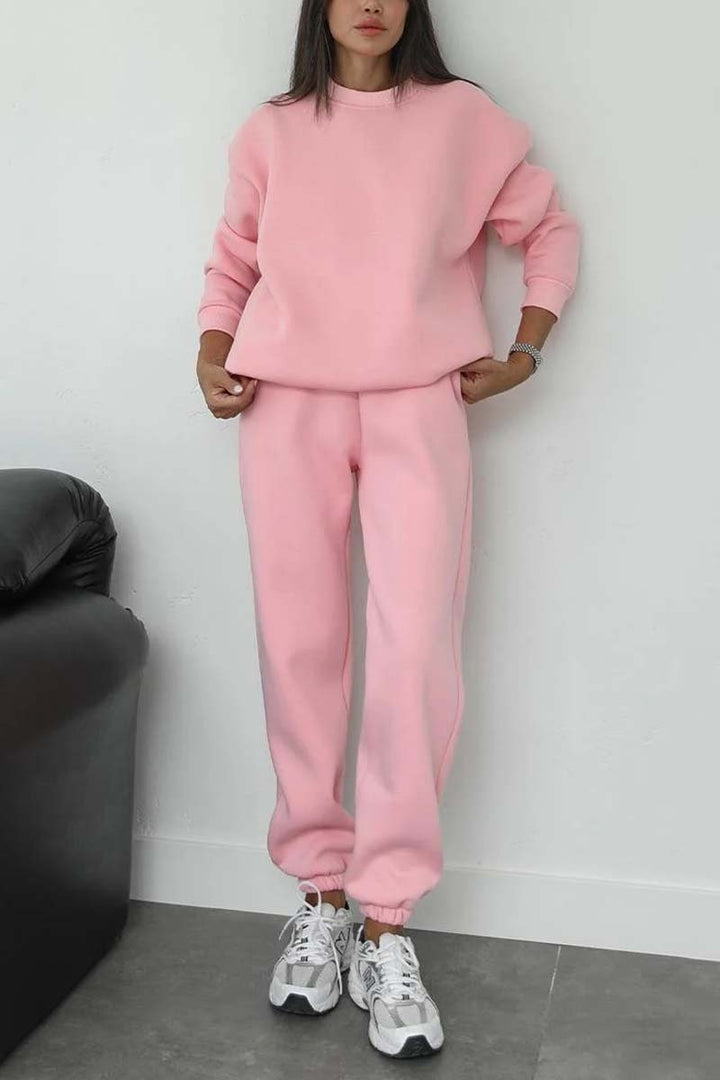 Women's minimalist cozy set made of heavy French terry with wide crew neck sweater and straight joggers Mune Fashion
