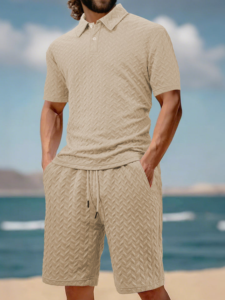 Men's embossed beach ensemble with open short sleeve shirt and cord Bermuda Mune Fashion