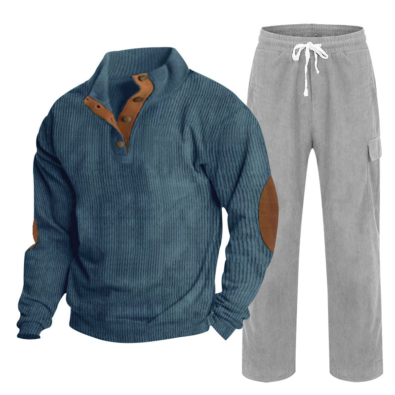 Men's Cozy Leisure Set made of Waffle Knit Henley with Elbow Patch and Relax Cargo Pants Mune Fashion