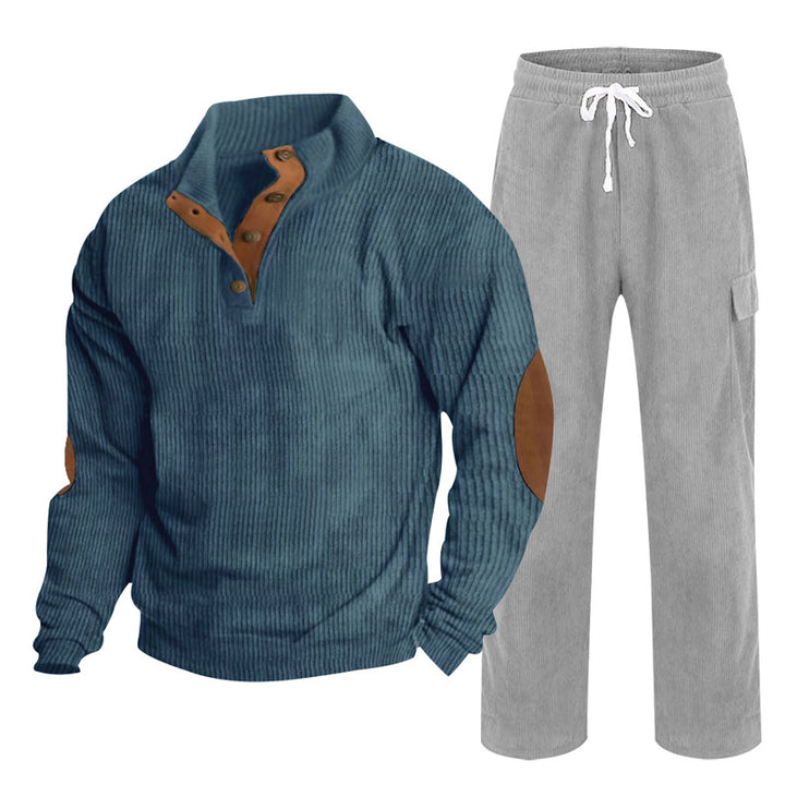 Men's Cozy Leisure Set made of Waffle Knit Henley with Elbow Patch and Relax Cargo Pants Mune Fashion