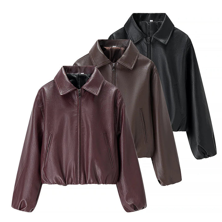 Women nan cropped shiny faux leather bomber jacket with shirt collar and elastic hem Mune Fashion