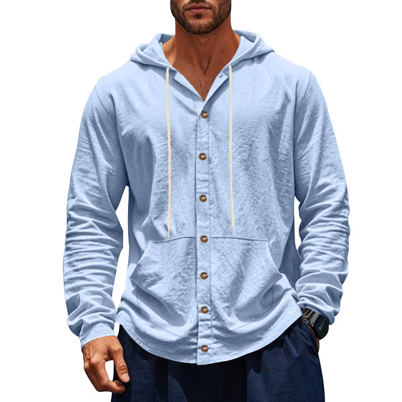 Men's button-closed hooded shirt jacket made of lightweight cotton blend with kangaroo pocket Mune Fashion