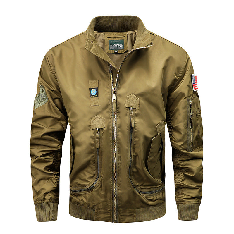 Men's Nylon Bomber Jacket in Aviator Style with Utility Pockets and Sleeve Pocket Mune Fashion