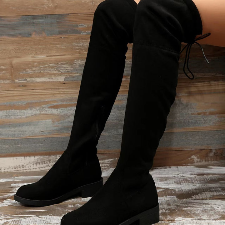 Ladies over-the-knee boots made of suede imitation with elastic shaft and low block heel Mune Fashion