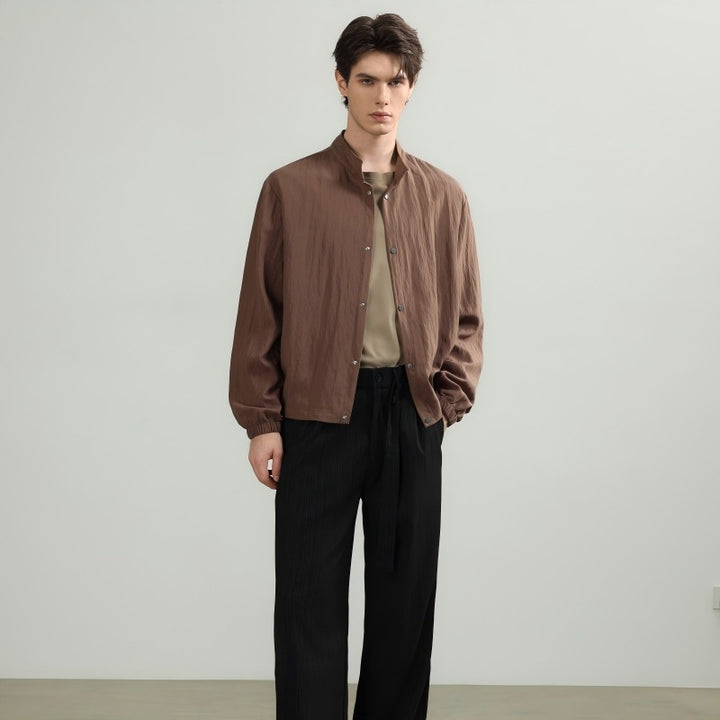 Men's Oversized Shirt with Stand Collar, Snap Button Closure, and Elastic Cuffs Mune Fashion