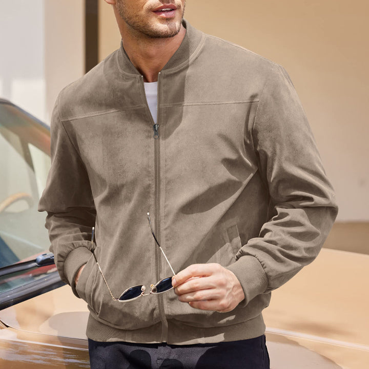 Men's suede bomber jacket with stand-up collar, ribbed cuffs, and full zip Mune Fashion