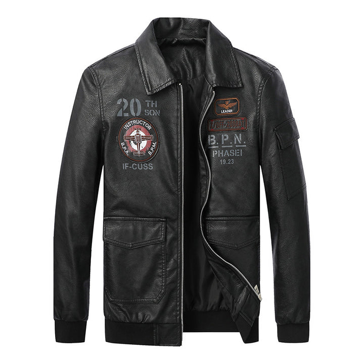 Men's pilot jacket in vintage leather look with patch applications, flap pockets, and sleeve utility pocket Mune Fashion