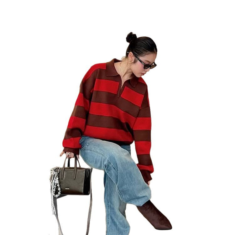 Women Oversize Rugby Knitted Sweater with Polo Collar & Wide Block Stripes Mune Fashion