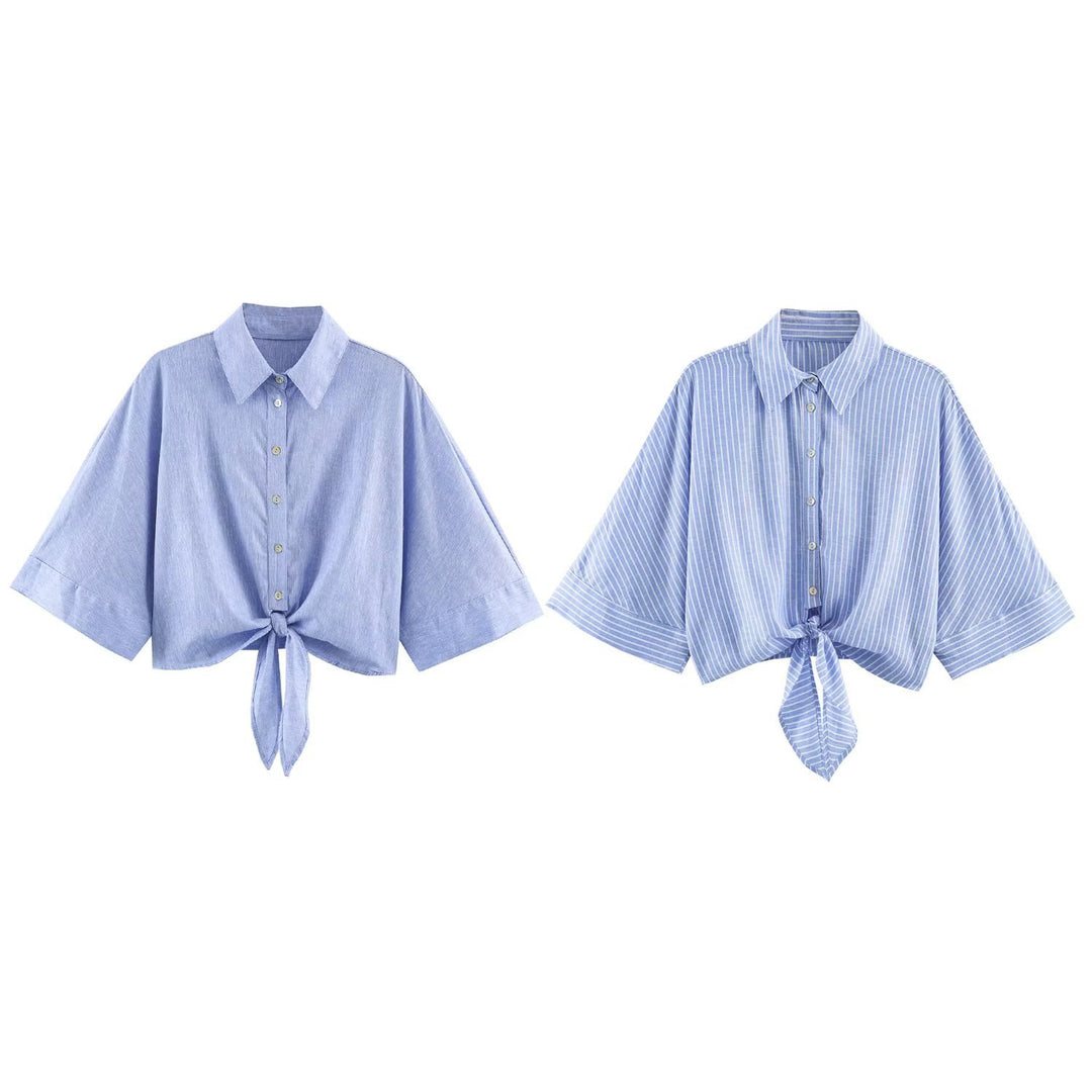 Women's short-cut blouse with knot tie, shirt collar and wide batwing sleeves Mune Fashion
