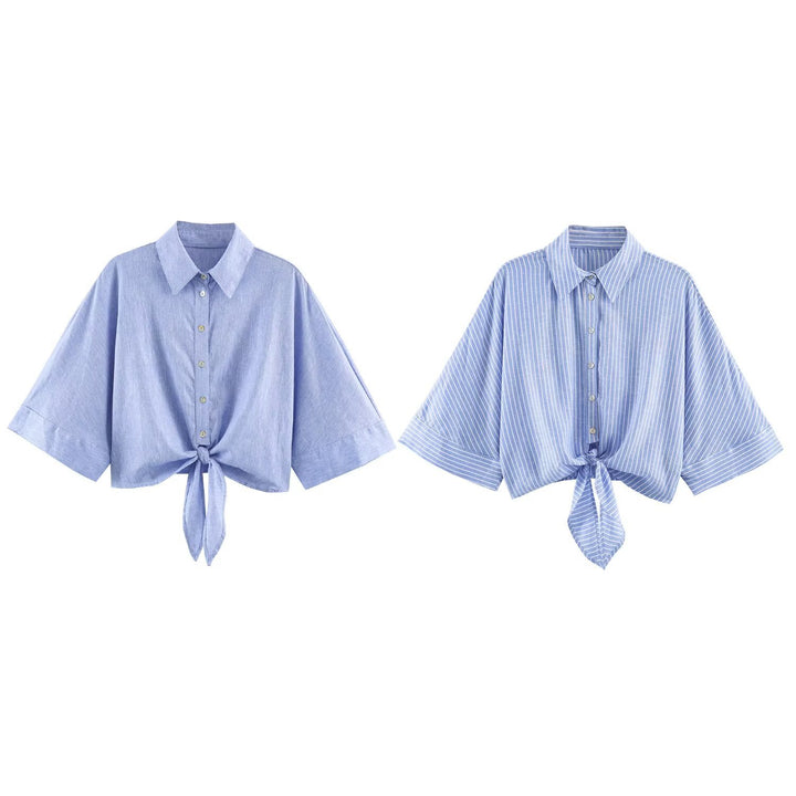 Women's short-cut blouse with knot tie, shirt collar and wide batwing sleeves Mune Fashion