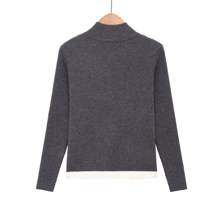 Women's fine knit sweater with half zipper, standing collar and layered look hem Mune Fashion
