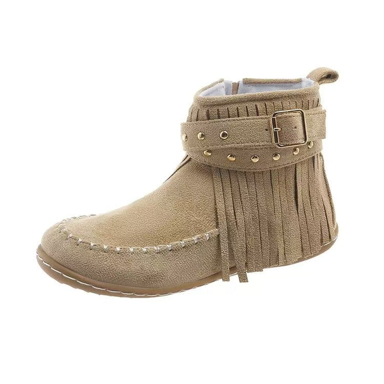 Women's Fransen-Moccasin-Ankle Boot with Decorative Strap, Buckle and Soft Rubber Sole Mune Fashion