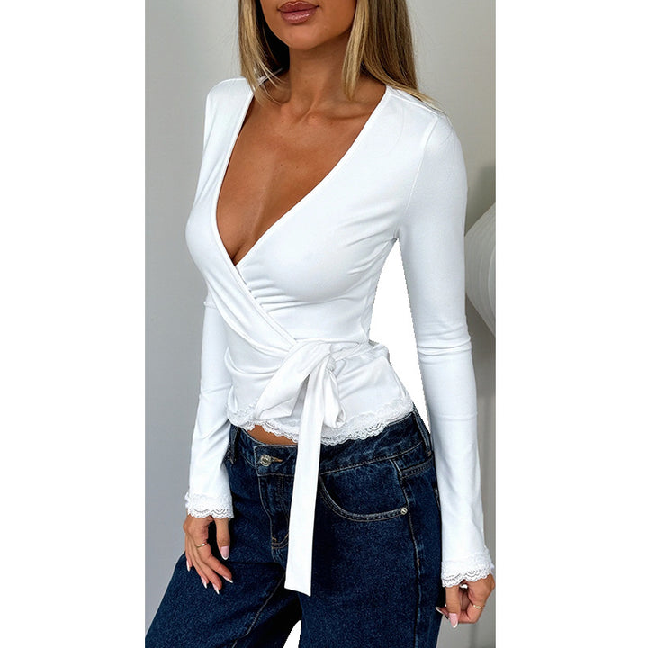 Women's figure-hugging wrap blouse made of stretch jersey with lace trim Mune Fashion