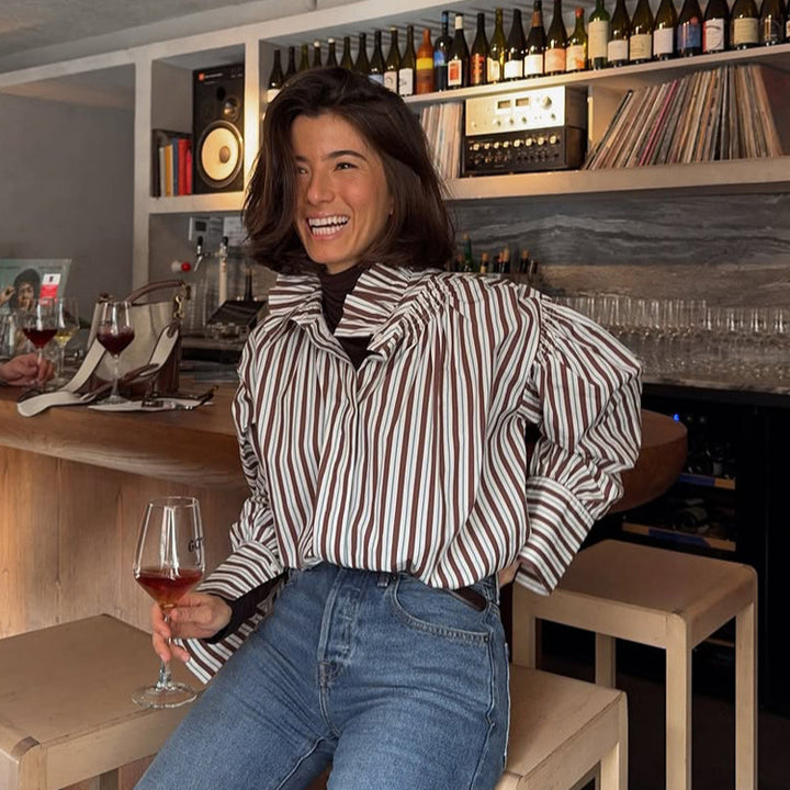 Women Striped Oversized Blouse with Ruffled Collar & Voluminous Puff Sleeves Mune Fashion