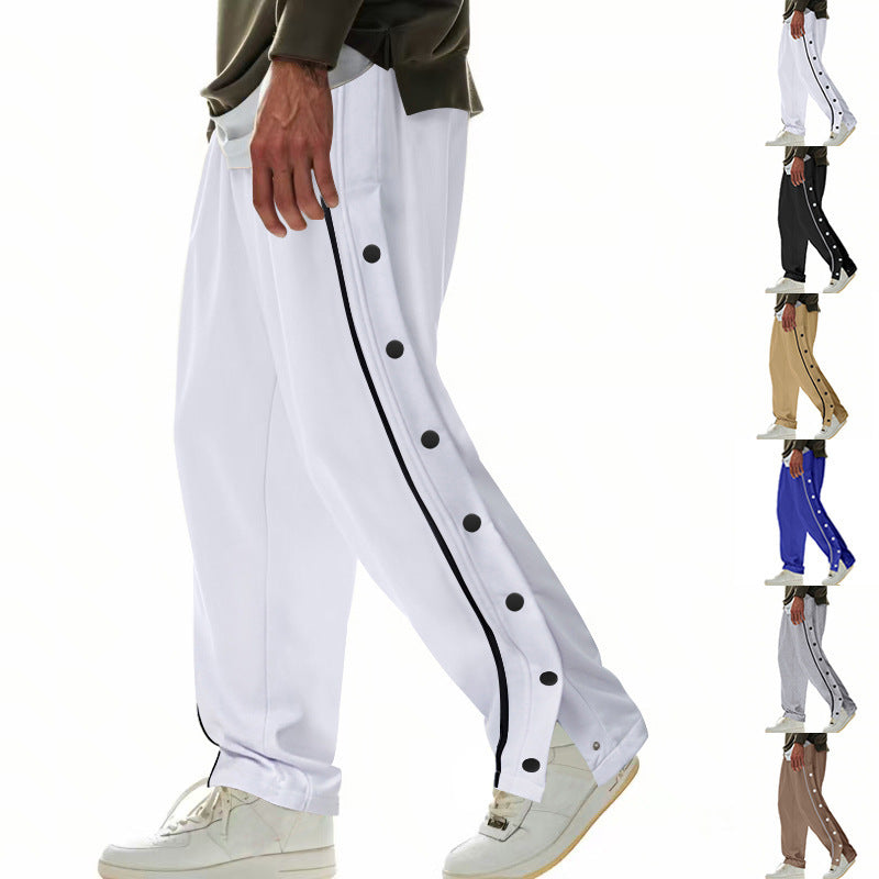 Men's wide training pants with side snap button placket, contrast stripes, elastic waistband, and straight leg Mune Fashion