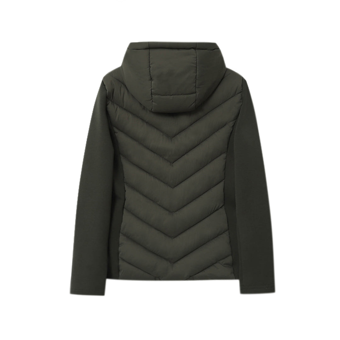 Women's quilted hybrid jacket with hood, chevron quilting and elastic softshell sleeves Mune Fashion