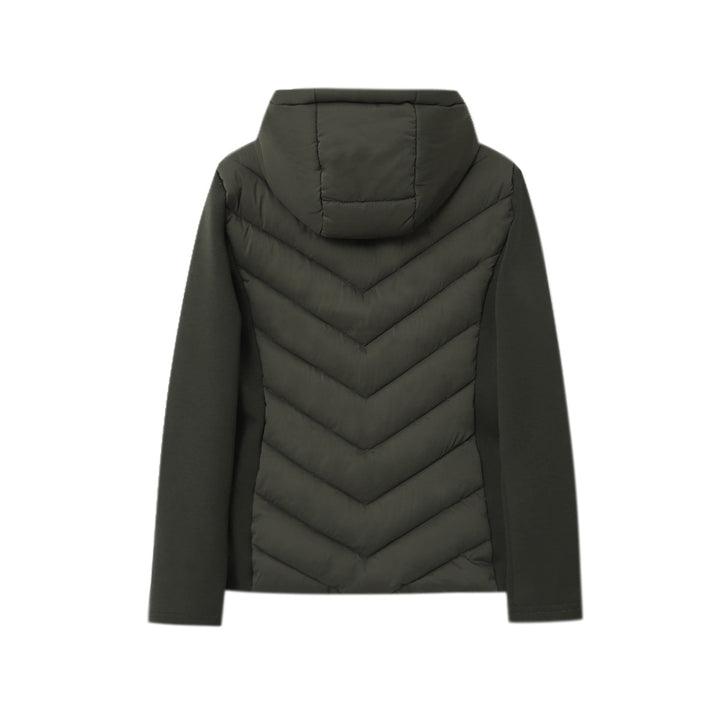 Women's quilted hybrid jacket with hood, chevron quilting and elastic softshell sleeves Mune Fashion