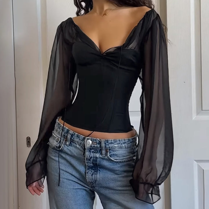 Women's corset top with tailored cut and transparent balloon sleeves Mune Fashion