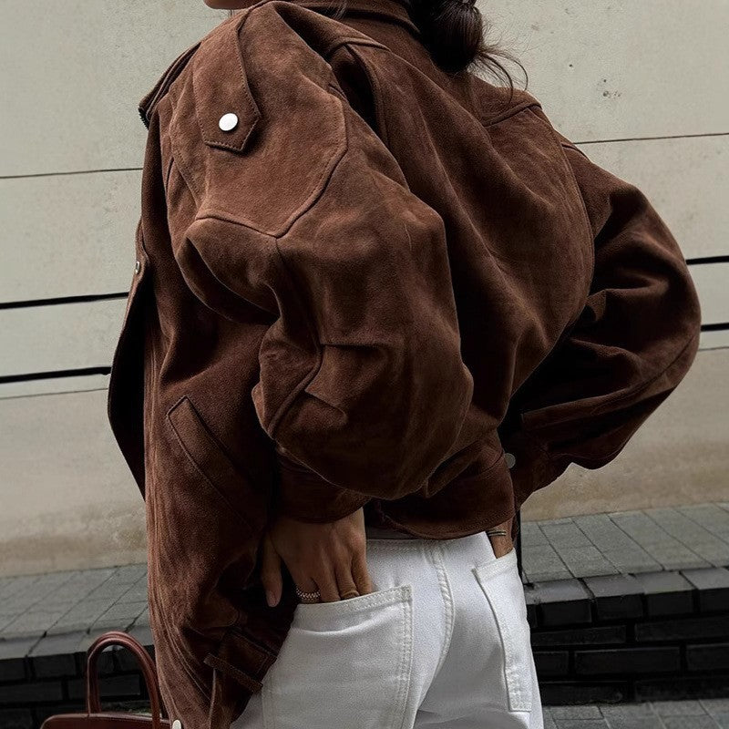 Women's Oversized Suede Blouson with Asymmetrical Zipper and Waistbelt Mune Fashion
