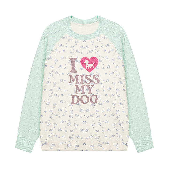 Women's knit sweater with raglan sleeves, allover dog motif and statement print Mune Fashion
