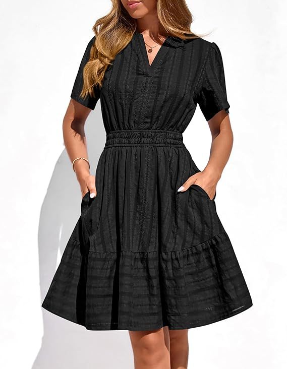 Women's Tailored Tiered Midi Dress with Smocked Waist, V-Neck and Pockets Mune Fashion