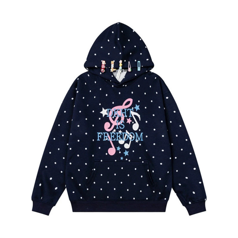 Women's hoodie with polka dot, musical note print and kangaroo pocket Mune Fashion