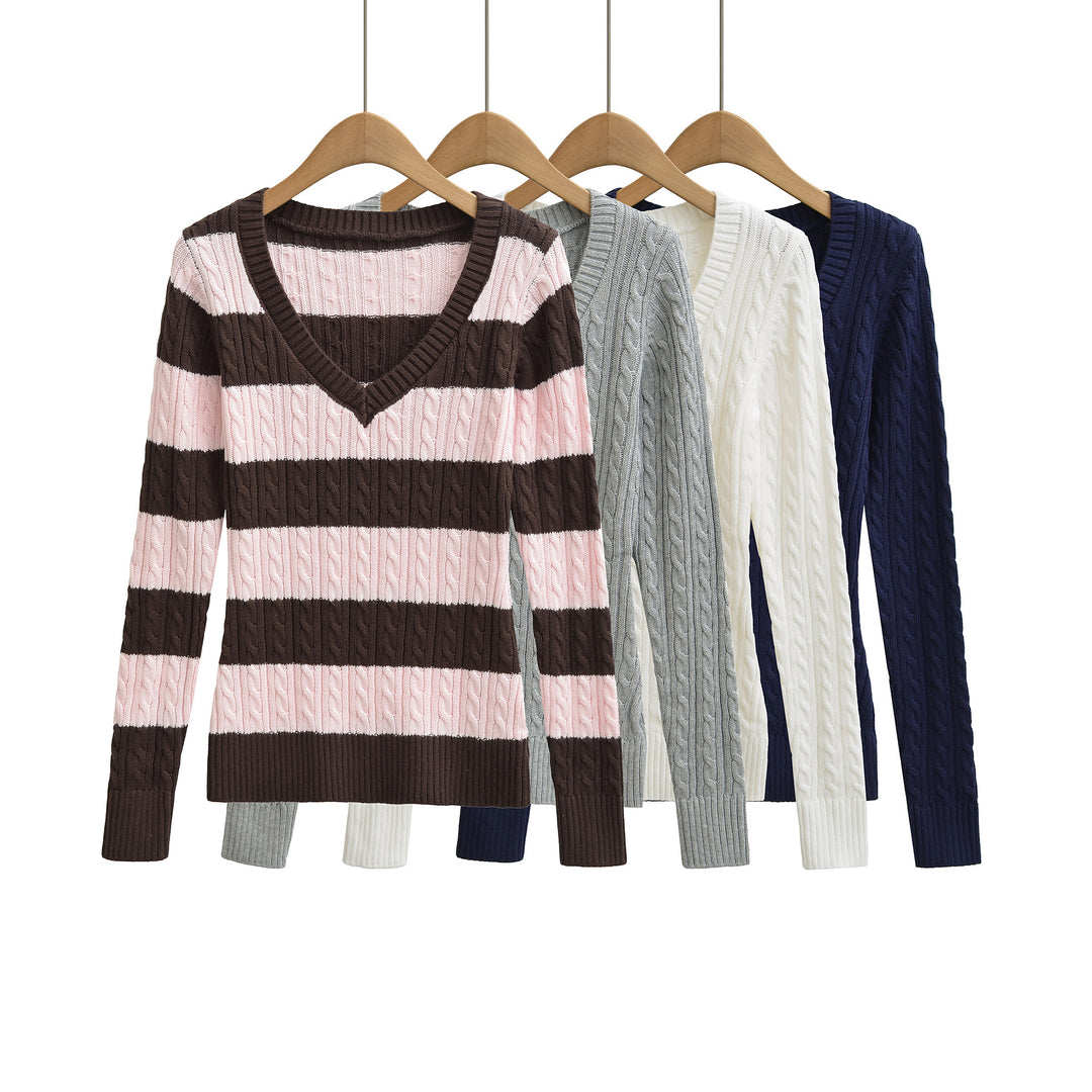 Women's Chunky Knit V-Neck Sweater with Cable Knit Texture Mune Fashion