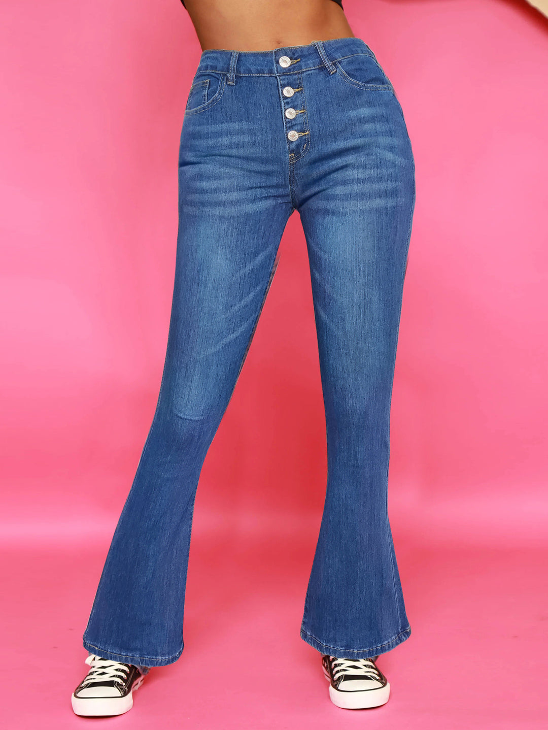 Women's High-Waisted Flared Jeans with Visible Button Placket and Sculpting Superstretch Comfort Mune Fashion