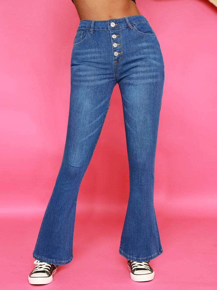 Women's High-Waisted Flared Jeans with Visible Button Placket and Sculpting Superstretch Comfort Mune Fashion