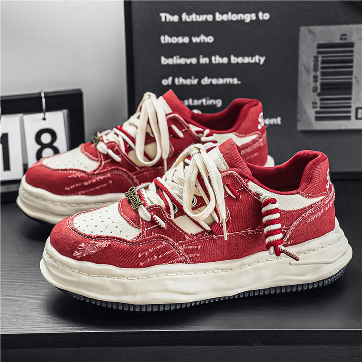 Women's denim platform sneaker with contrast stitching, padded wave sole and embellished lacing details Mune Fashion