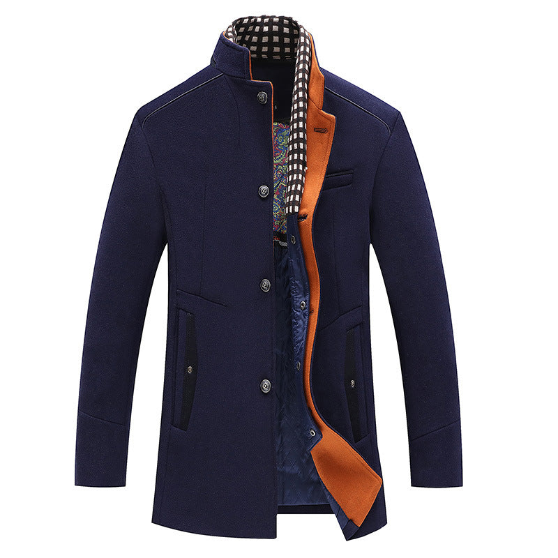 Men's Mid-length Wool Blend Coat with Stand Collar, Quilted Thermal Lining and Contrast Trim Mune Fashion