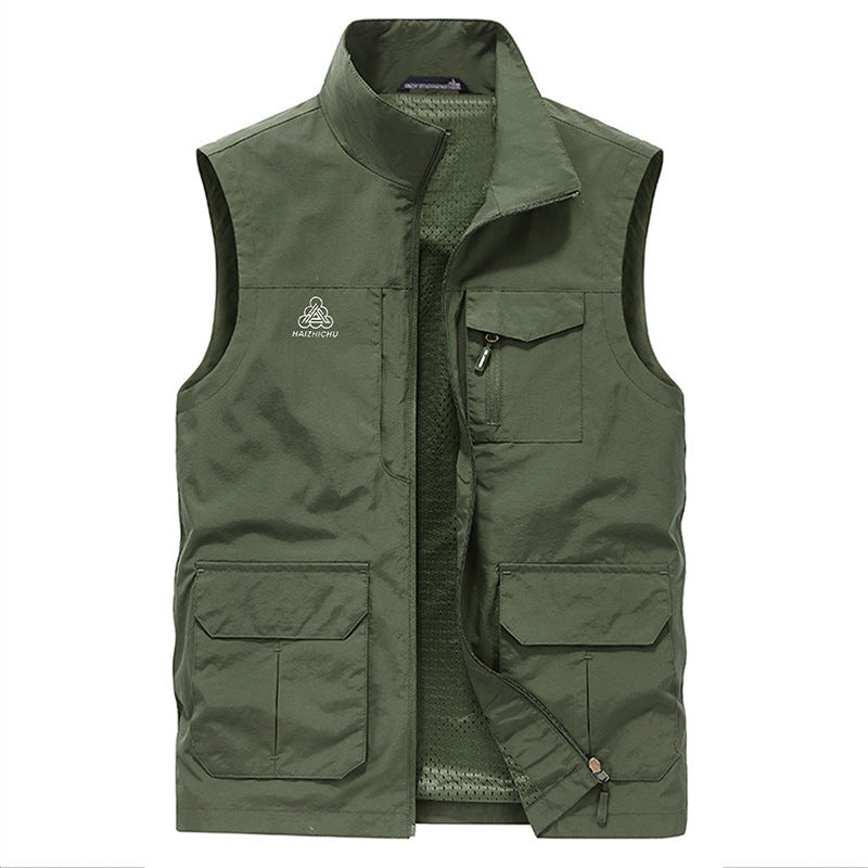 Men's Multi-Pocket Utility Vest with Zipper, Mesh Lining and Stand Collar Mune Fashion